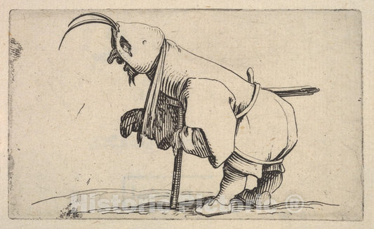 Art Print : Hooded Small Figure hunched Over a Crutch - Artist: Jacques Callot - Created: c1621 : Vintage Wall Art