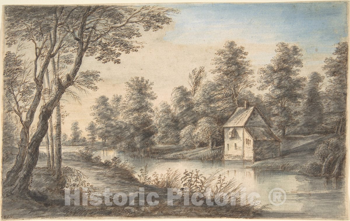 Art Print : Lucas Van Uden - Wooded Landscape with a House Beside a River : Vintage Wall Art