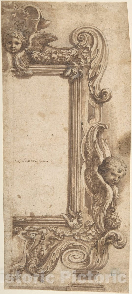Art Print : Ciro Ferri - Design for a Half Frame Decorated with Angels, Volutes and Garlands. : Vintage Wall Art