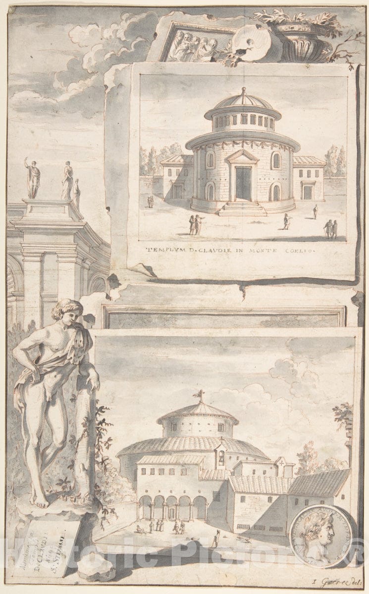 Art Print : Jan Goeree - A Reconstruction of The Temple of Divus Claudius in Monte Coelio (Above) and a View of The Ruins (Below) : Vintage Wall Art