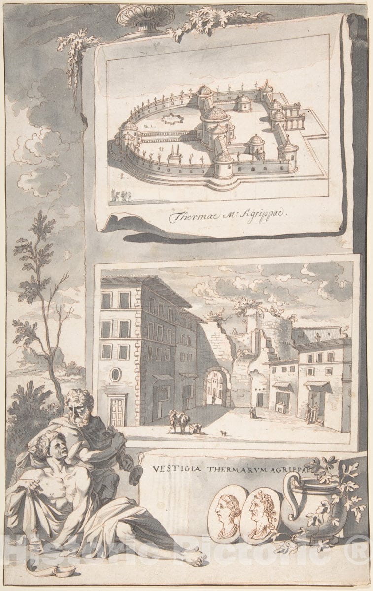 Art Print : Jan Goeree - A Reconstruction of The Thermae Agrippae (Above) and a View of The Ruins (Below) : Vintage Wall Art