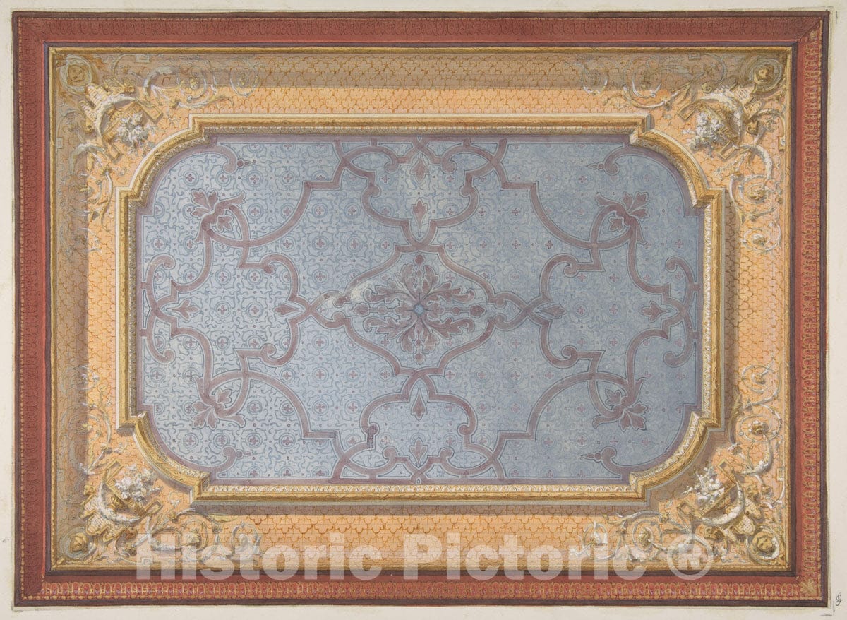 Art Print : Jules-Edmond-Charles Lachaise - Design for The Decoration of a Ceiling with urns, swags, and Portrait Medallions in The Four Corners : Vintage Wall Art