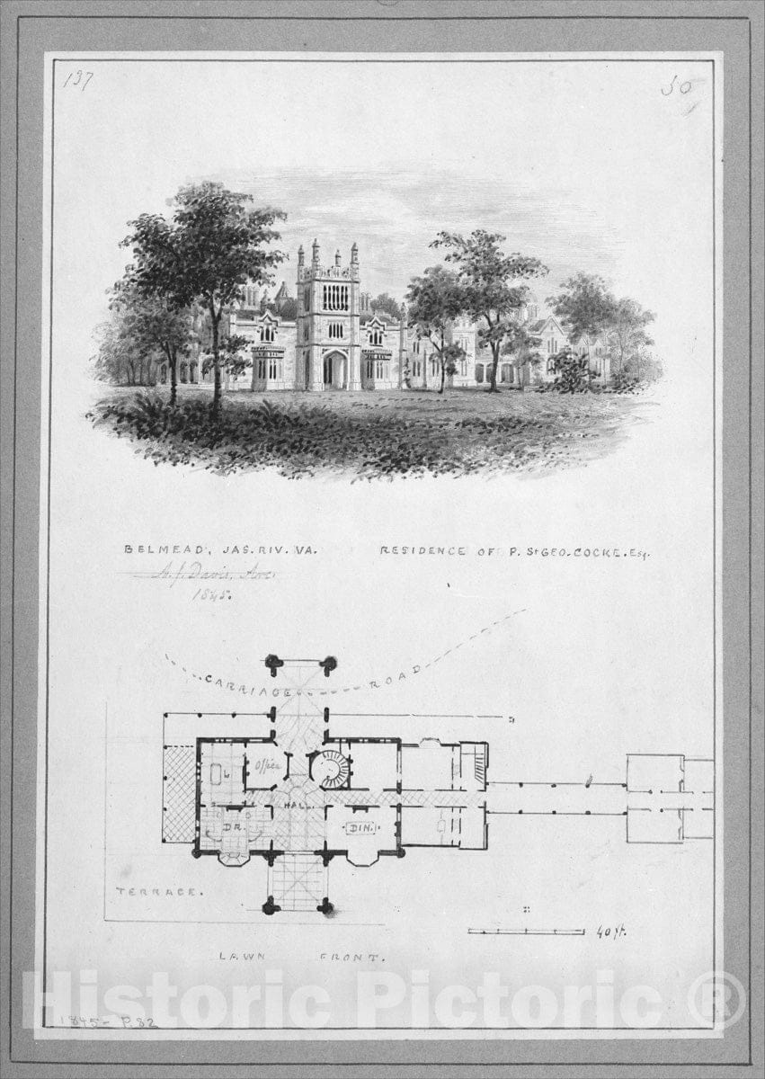 Art Print : Alexander Jackson Davis - Belmead, James River, Virginia, Residence of Philip St. George Cocke (Vignette of Riverside Elevation and Plan) : Vintage Wall Art