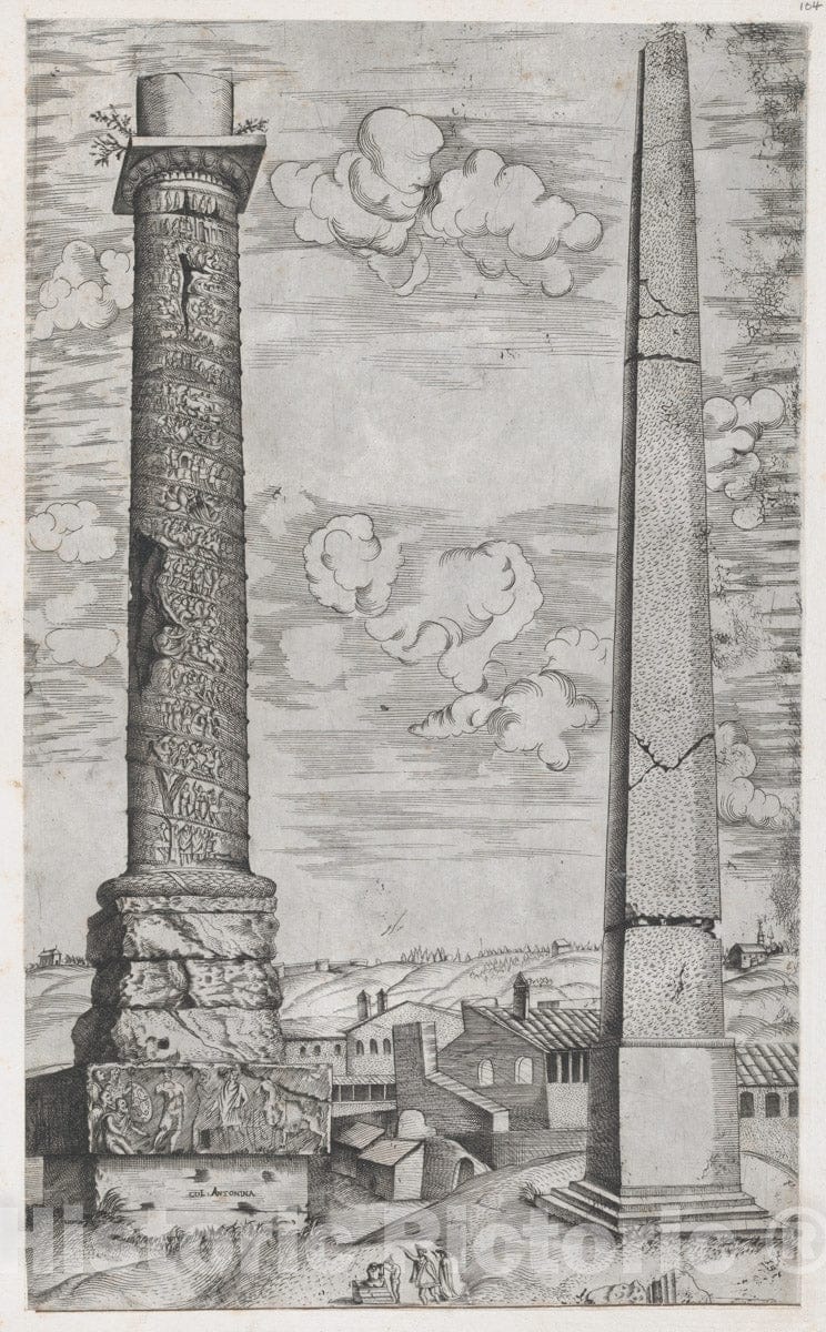 Art Print : Anonymous - Speculum Romanae Magnificentiae: Column of Antoninus and a Roman Obelisk : Vintage Wall Art