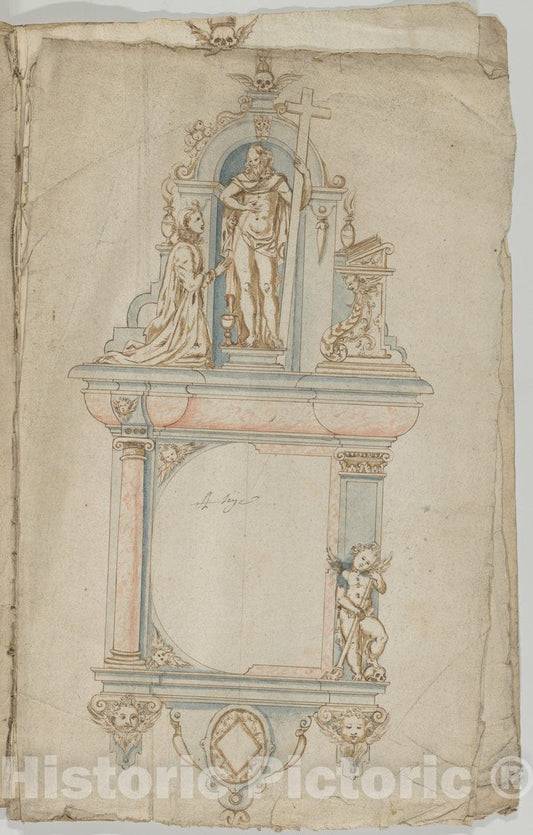 Art Print : Flemish - Design for a Wall Tomb with a Variant and Statues of The Resurrected Christ and a Kneeling Donor : Vintage Wall Art