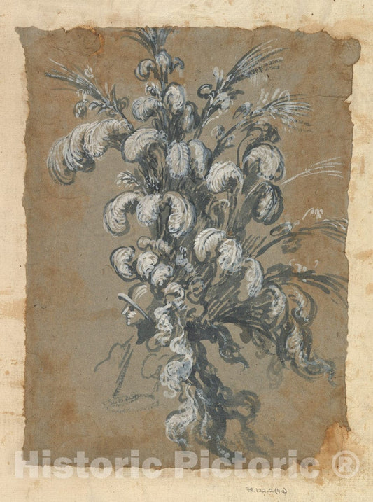 Art Print : Possibly by Baccio del Bianco - Design for a Lavish Headdress with Feathers on a Helmet : Vintage Wall Art