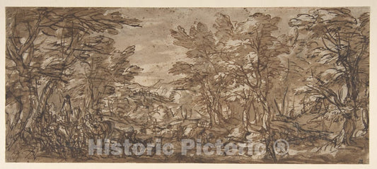 Art Print : Pier Francesco Mola - Forest Scene, a Halt at The Left, a Hunt at The Center : Vintage Wall Art