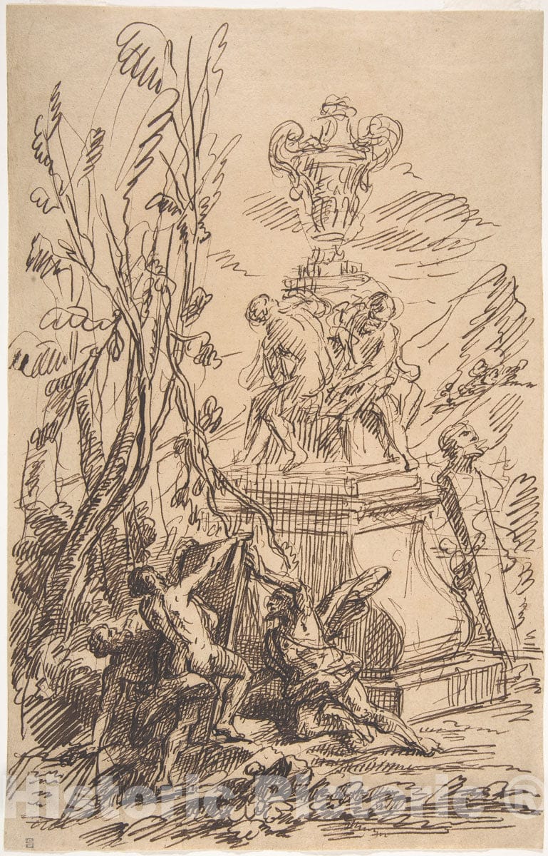 Art Print : Martin Johann Schmidt - Three Men in a Landscape Near Sculptures : Vintage Wall Art