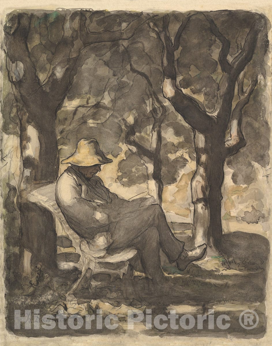 Art Print : Honoré Daumier - A Man Reading in a Garden (Recto)
