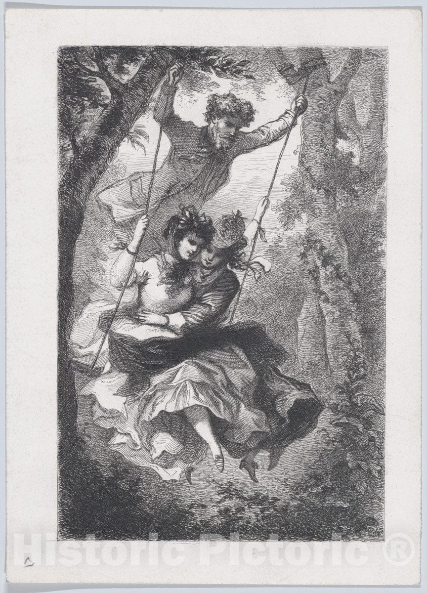 Art Print : Possibly J. Cariven - A Man Pushing Two Women on a Swing : Vintage Wall Art