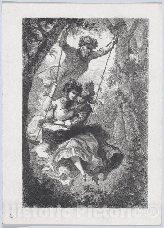 Art Print : Possibly J. Cariven - A Man Pushing Two Women on a Swing : Vintage Wall Art
