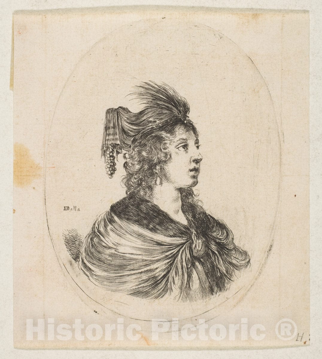 Art Print : Etched by Stefano Della Bella - Woman coiffed as a sultana, from 'Several Heads in The Persian Style' (Plusieurs têtes coiffées à la persienne) : Vintage Wall Art