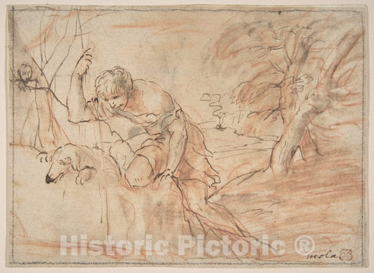 Art Print : Pier Francesco Mola - Framed Sketch for a Man, a Dog and a Tree : Vintage Wall Art