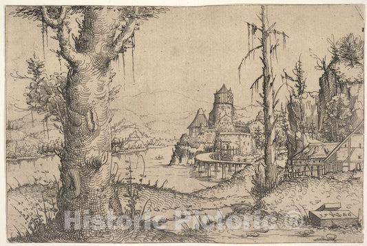 Art Print : Augustin Hirschvogel - Landscape with a Large Tree at Left : Vintage Wall Art