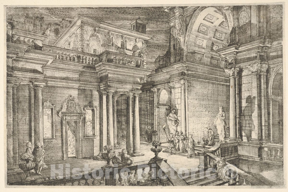 Art Print : Pietro Francesco Prina - Interior of a Classical Building Showing People Engaged in Conversation : Vintage Wall Art