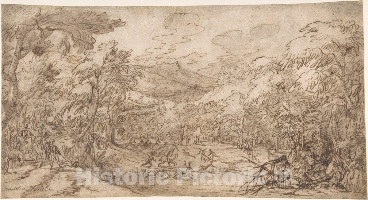 Art Print : Tobias Verhaecht - Wooded Landscape with Stag Hunt : Vintage Wall Art