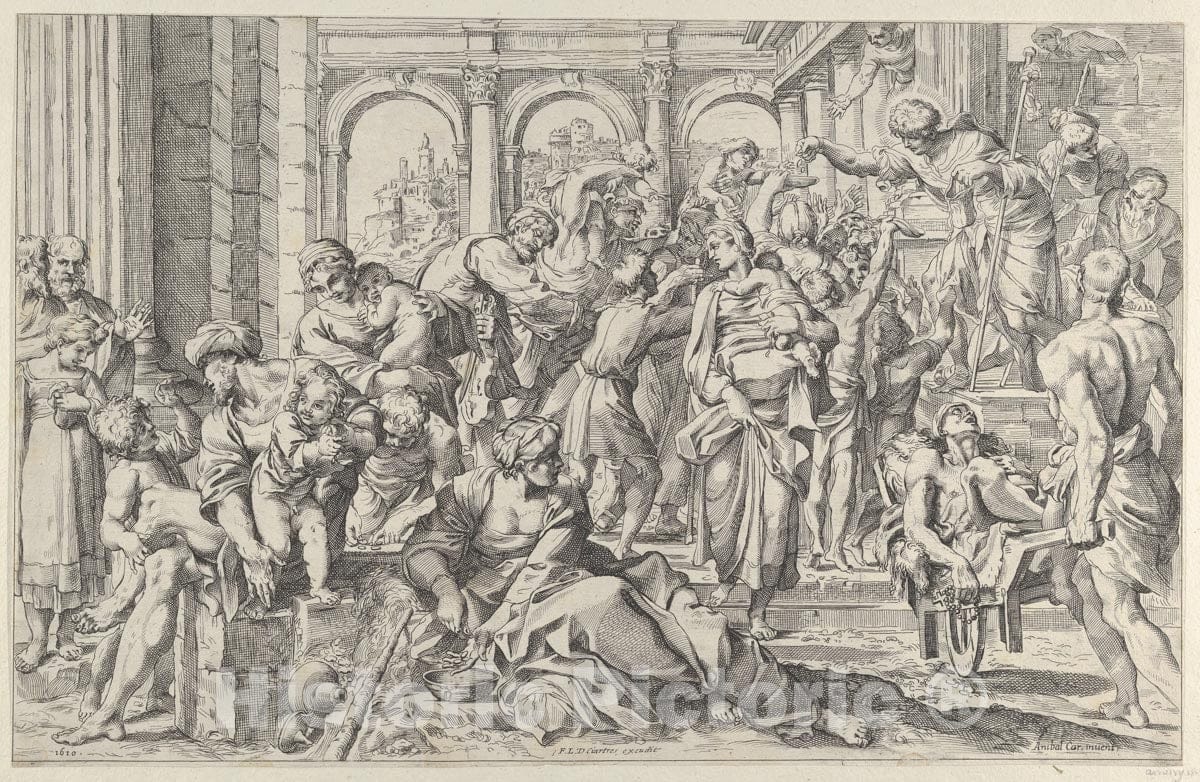 Art Print : Anonymous - Saint Roch at Right distributing Alms to a Group of People Gathered Around him, After Annibale Caracci 1 : Vintage Wall Art