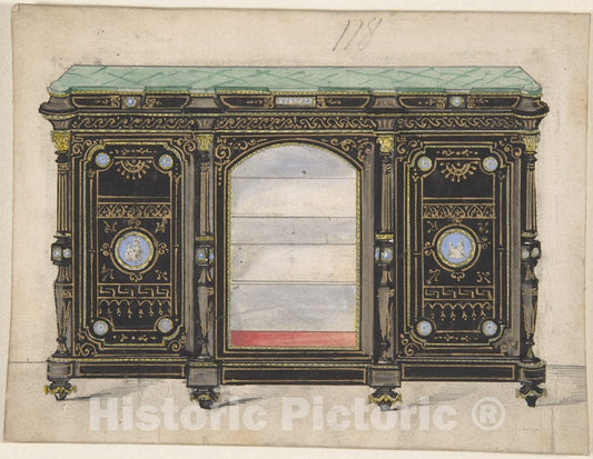 Art Print : British, 19th Century - Cabinet Design with Glass Front, its Doors Adorned with Porcelain Plaques, with a Green Top : Vintage Wall Art