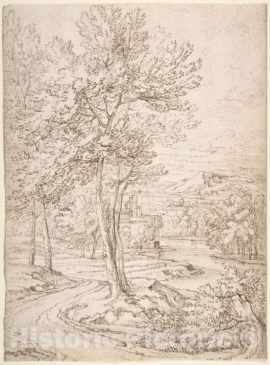 Art Print : Abraham Genoels II - Classical Landscape with a Building and a River : Vintage Wall Art