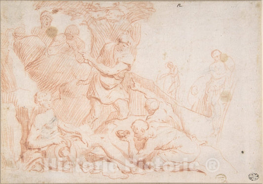 Art Print : Italian, Roman-Bolognese, 17th Century - Figures and a River God : Vintage Wall Art