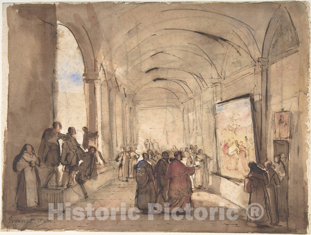 Art Print : François Marius Granet - A Cardinal Examining a Painting in a Cloister : Vintage Wall Art