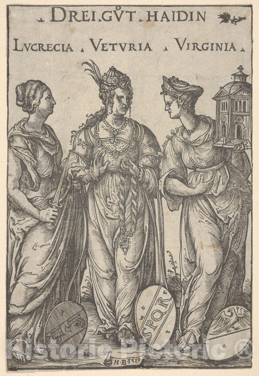 Art Print : Hans Burgkmair - The Three Heathen Heroines (DREI Gut Haidin), from Heroes and Heroines : Vintage Wall Art