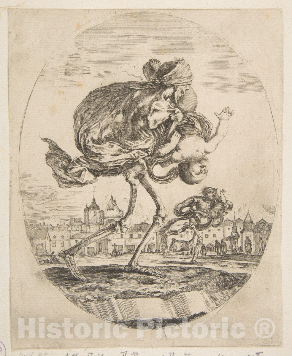 Art Print : Etched by Stefano Della Bella - Death Carrying an Infant, from 'The Five Deaths' (Les Cinq Morts) 2 : Vintage Wall Art
