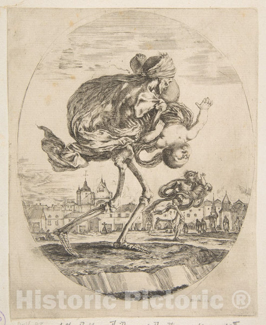 Art Print : Etched by Stefano Della Bella - Death Carrying an Infant, from 'The Five Deaths' (Les Cinq Morts) 2 : Vintage Wall Art