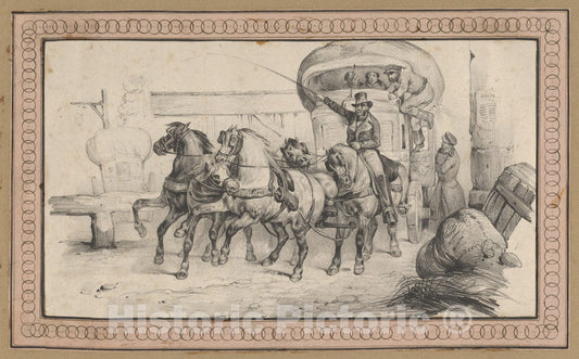Art Print : Victor Adam - Five Horses Pulling a Carriage with Passengers : Vintage Wall Art