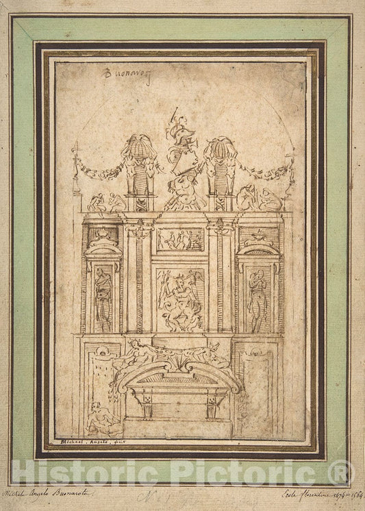 Art Print : After Michelangelo Buonarroti - Architectural Study : Vintage Wall Art