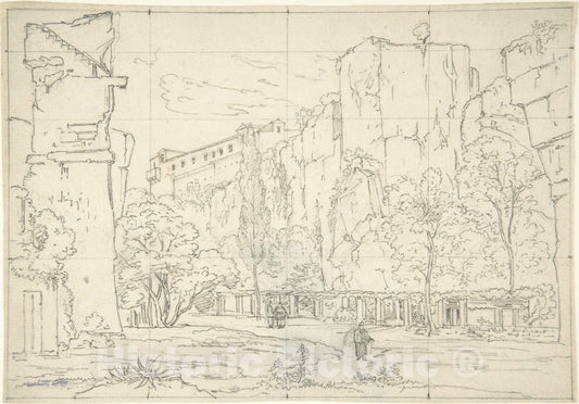 Art Print : Friedrich Salathé - Italian View: A Pathway and Arbor at The Base of Cliffs : Vintage Wall Art