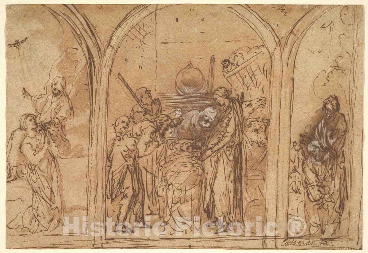 Art Print : Jan Simonsz. Pynas - A Design for a Triptych with The Adoration of The Two Saints : Vintage Wall Art