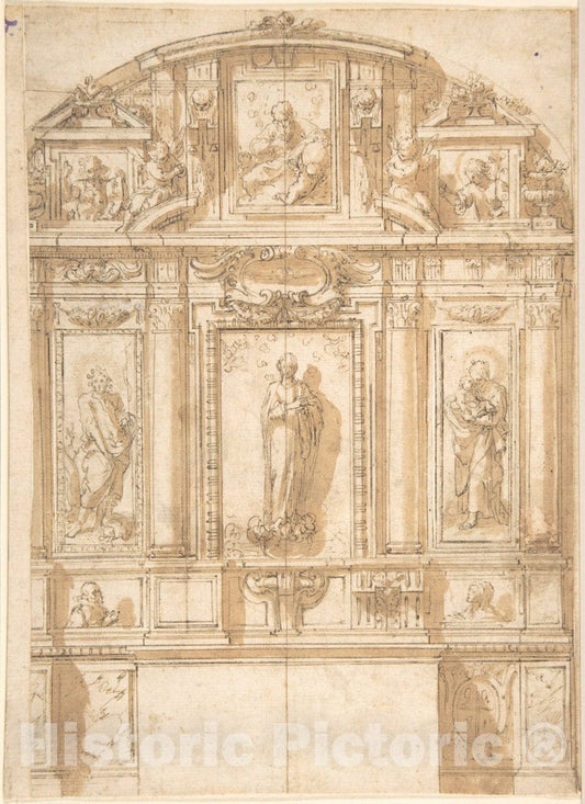 Art Print : Spanish, 17th Century - Design for an Altar with The Virgin of The Immaculate Conception in The Center : Vintage Wall Art