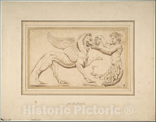 Art Print : Charles Errard le fils - Foliate Amor Pouring a Drink for a Griffin : Vintage Wall Art