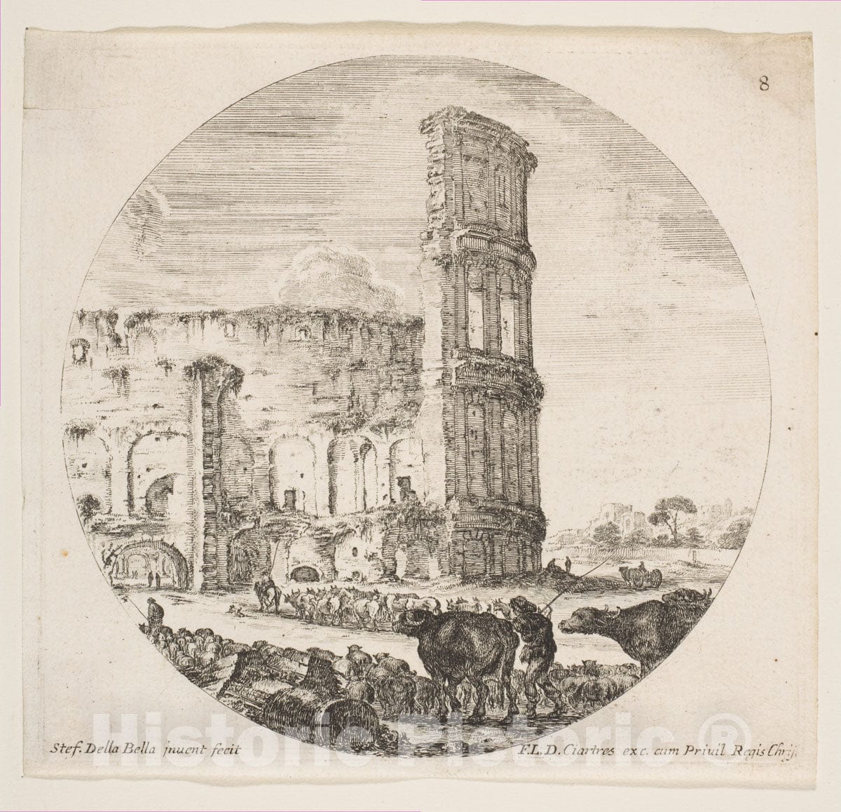 Art Print : Plate 8: The Colosseum - Artist: Stefano Della Bella - Created: c1646 : Vintage Wall Art