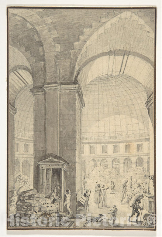 Art Print : Jean Démosthène Dugourc - Interior of Halle aux Blés, Paris The Corn Exchange : Vintage Wall Art