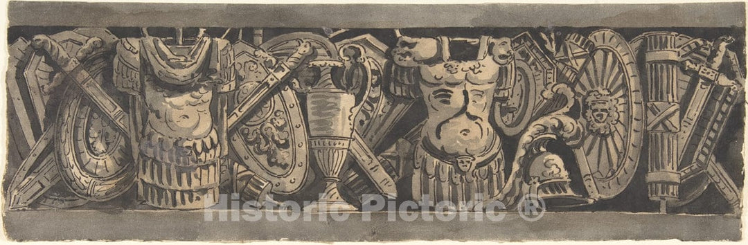 Art Print : Italian, 19th Century - Design for a Frieze with Roman Trophies 2 : Vintage Wall Art