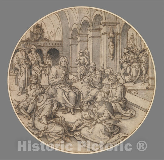 Art Print : Dirck Vellert - Christ Preaching in The Synagogue, with The Pharisees Bringing The Woman Taken in Adultery : Vintage Wall Art