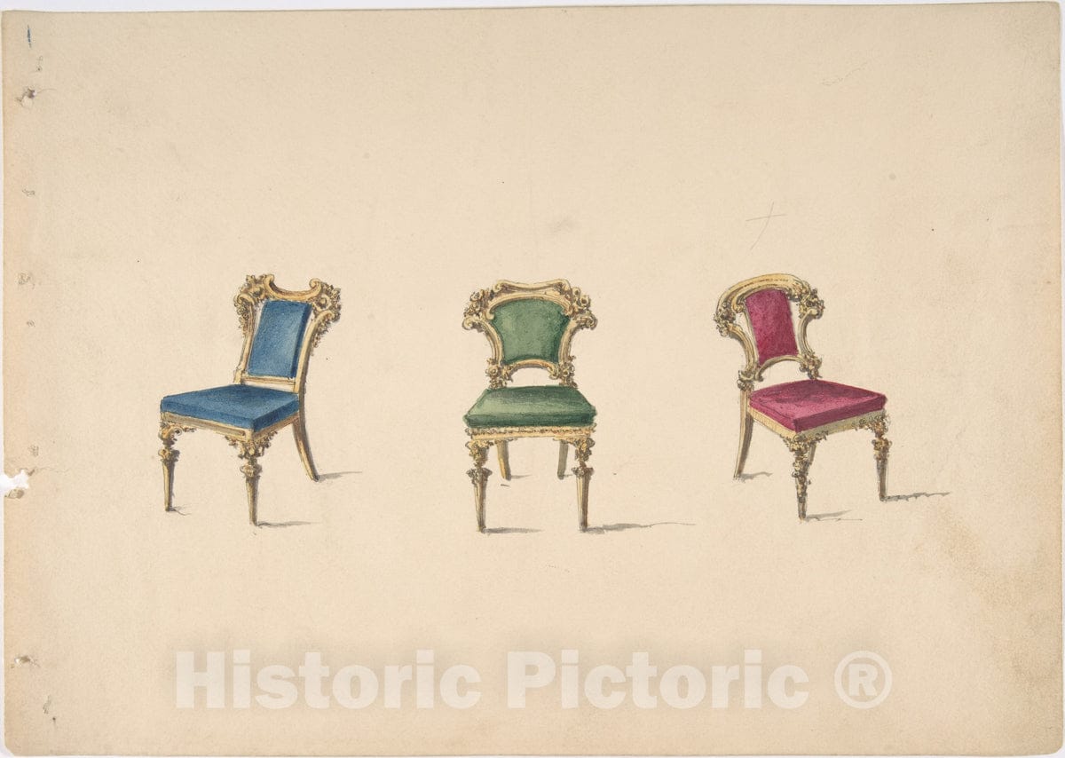 Art Print : British, 19th Century - Design for Three Chairs with Blue, Green and Red Upholstery : Vintage Wall Art