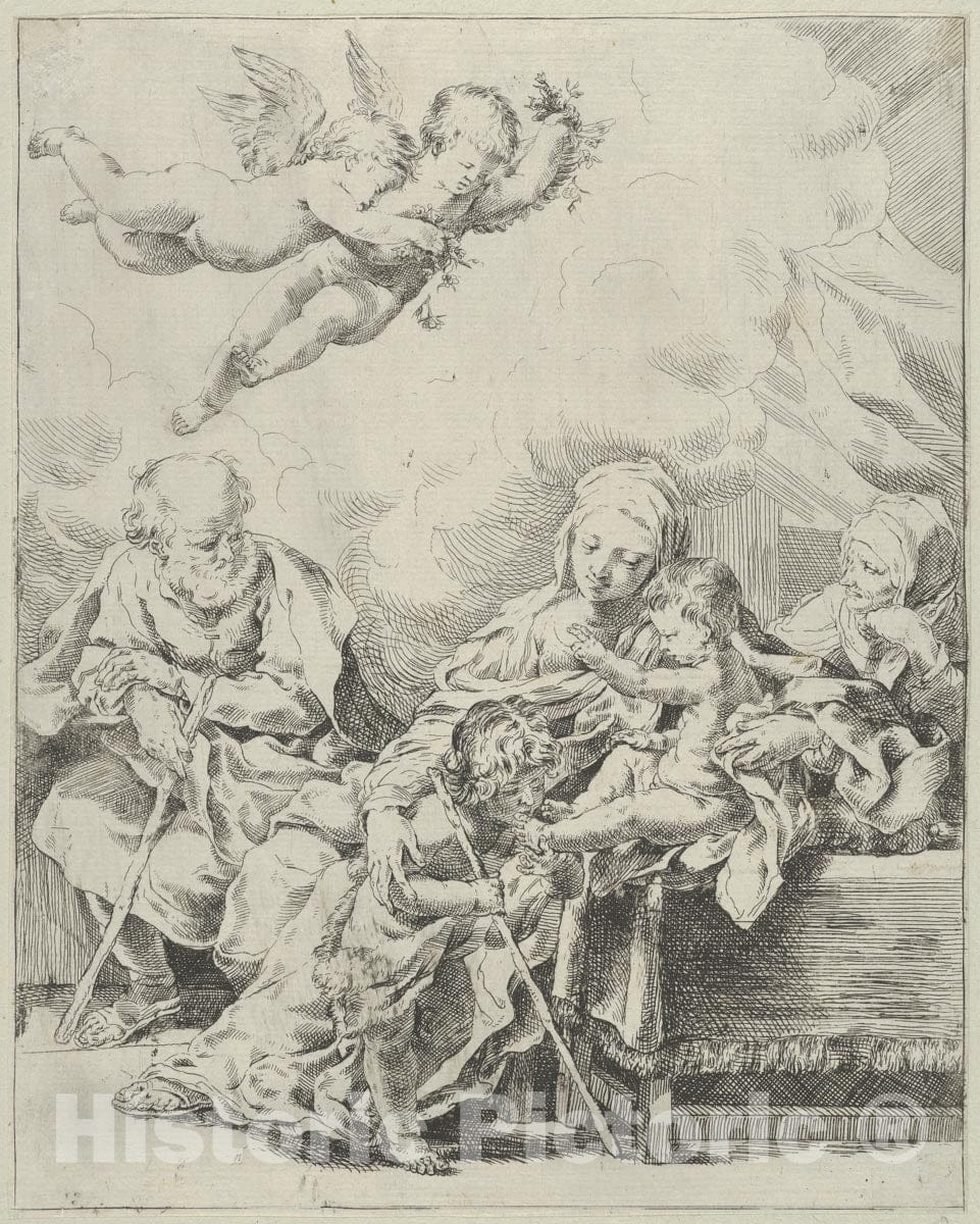 Art Print : Anonymous, 17th Century - The Holy Family with Young John The Baptist and Saint Elizabeth, Two Angels Above, After Reni : Vintage Wall Art