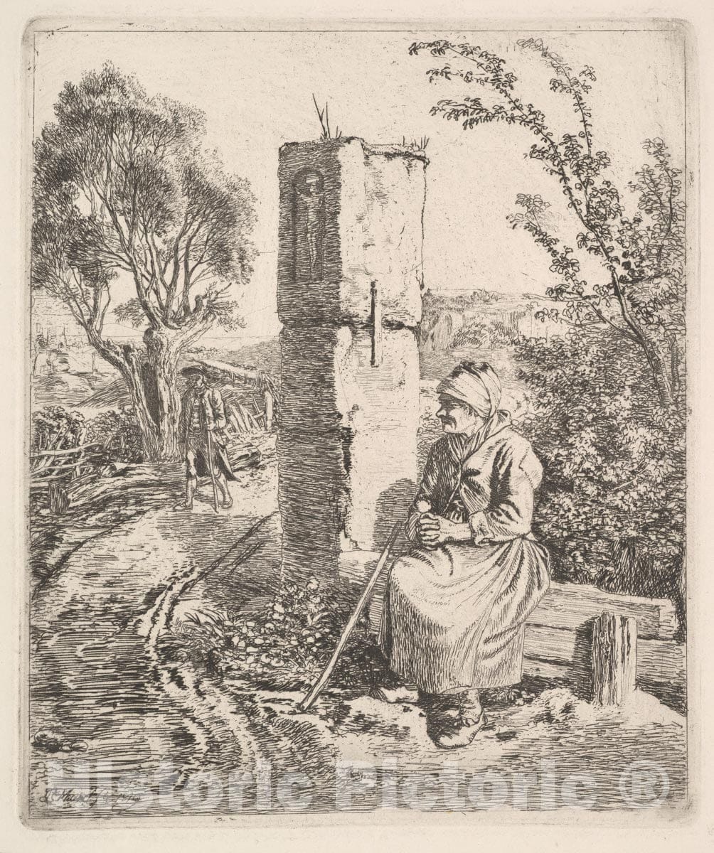 Art Print : Johann Christoph Erhard - an Old Lady Sitting Near a Pillar at Side of Road : Vintage Wall Art