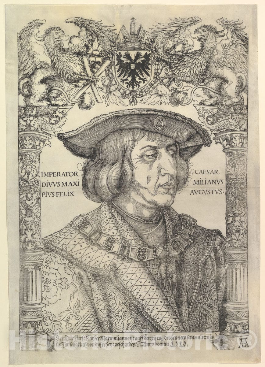 Art Print : Hans Weiditz The Younger - Portrait of The Emperor Maximilian I in an Architectural Frame (Copy) : Vintage Wall Art