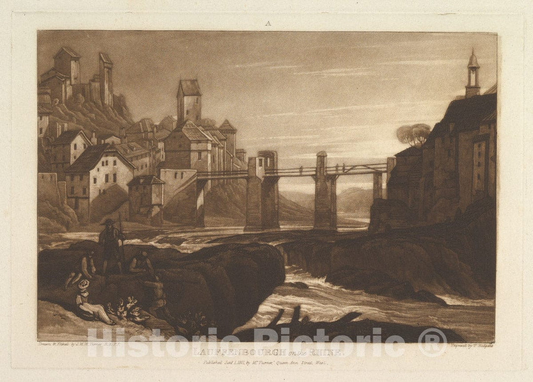 Art Print : Designed and Etched by Joseph Mallord William Turner - Lauffenbourgh on The Rhine (Liber Studiorum, Part VI, Plate 31) : Vintage Wall Art