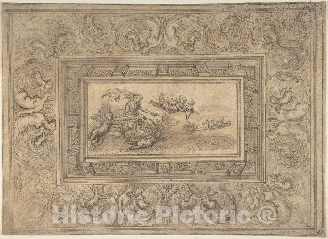 Art Print : Marco Angolo del Moro - Design for a Ceiling with a Woman (Aurora?) in a Chariot and Putti (Recto). Design for an Ornamental Frieze (Verso). : Vintage Wall Art