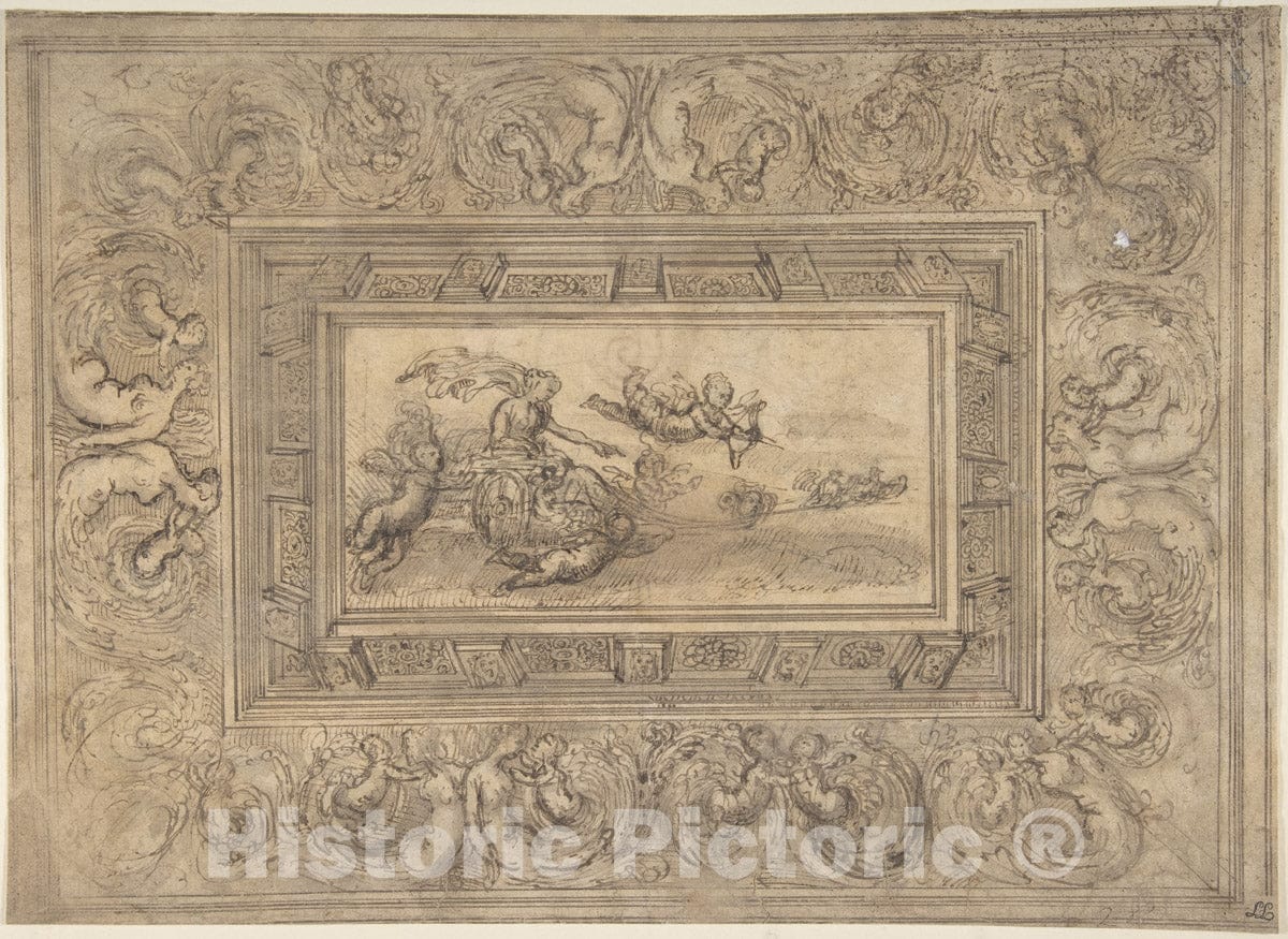 Art Print : Marco Angolo del Moro - Design for a Ceiling with a Woman (Aurora?) in a Chariot and Putti (Recto). Design for an Ornamental Frieze (Verso). : Vintage Wall Art