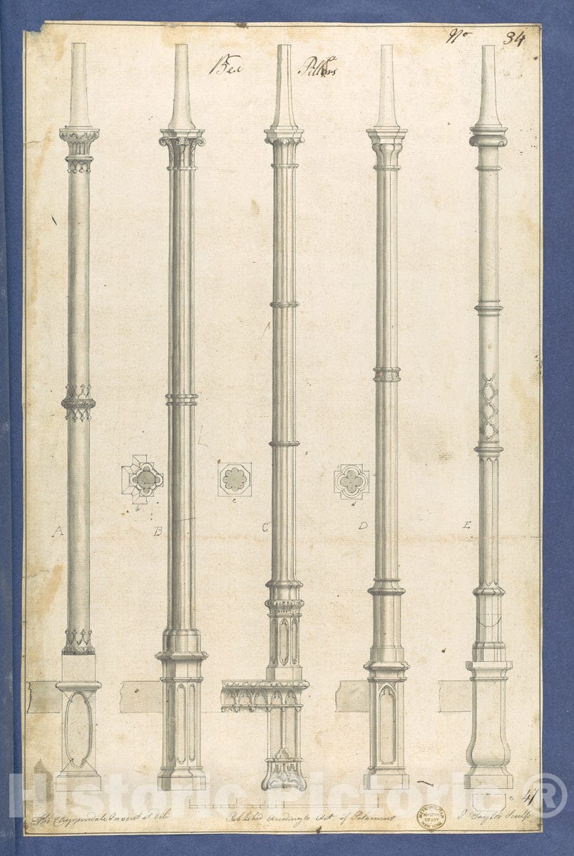 Art Print : Thomas Chippendale - Bed Pillars, in Chippendale Drawings, Vol. I 1 : Vintage Wall Art
