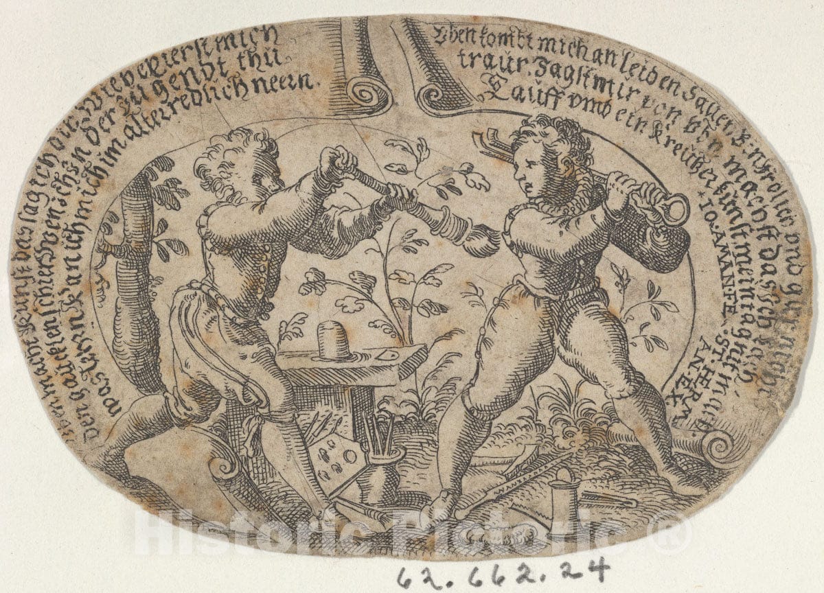 Art Print : Jost Amman - The Young Painter and Young Goldsmith, from The Duels of The Workmen : Vintage Wall Art
