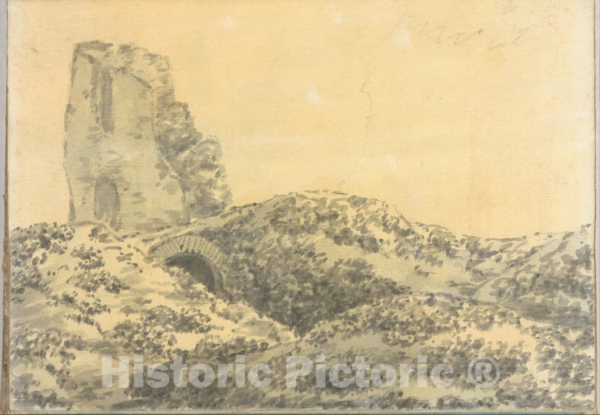 Art Print : Joseph Wright (Wright of Derby) - Ruined Roman Tower in a Landscape (Smaller Italian Sketchbook, Leaf 5 Recto) : Vintage Wall Art