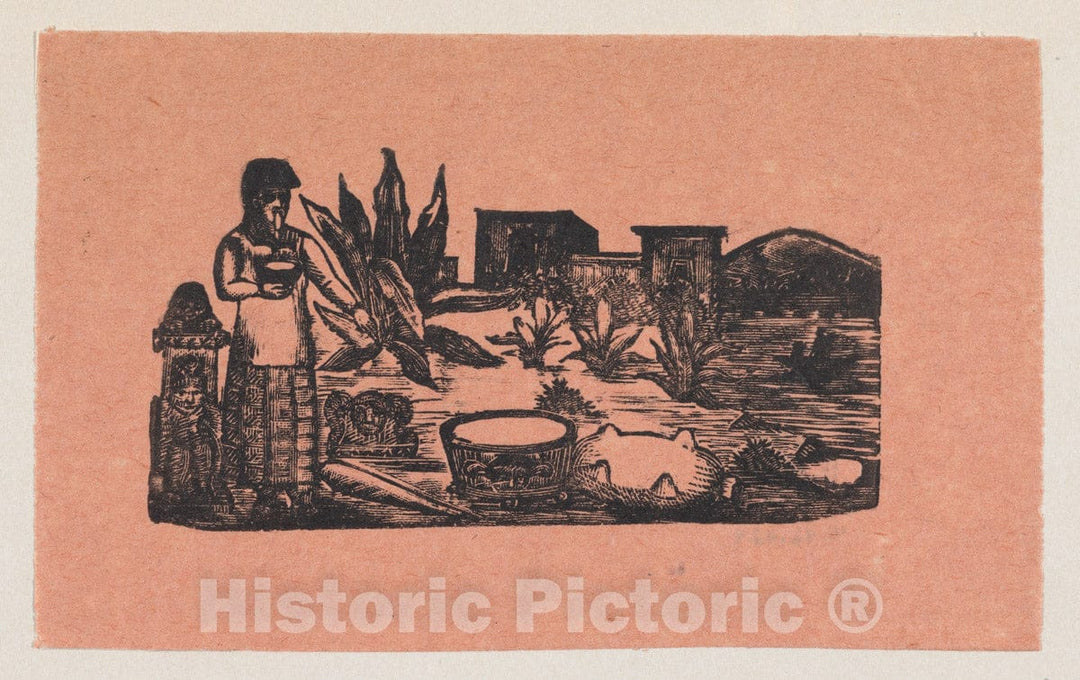 Art Print : José Guadalupe Posada - A Woman Standing in The Countryside Pointing to a tub of Water : Vintage Wall Art