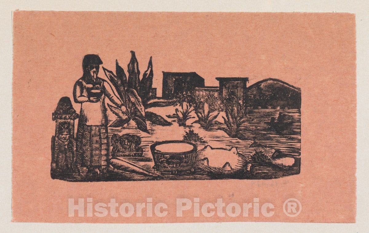 Art Print : José Guadalupe Posada - A Woman Standing in The Countryside Pointing to a tub of Water : Vintage Wall Art